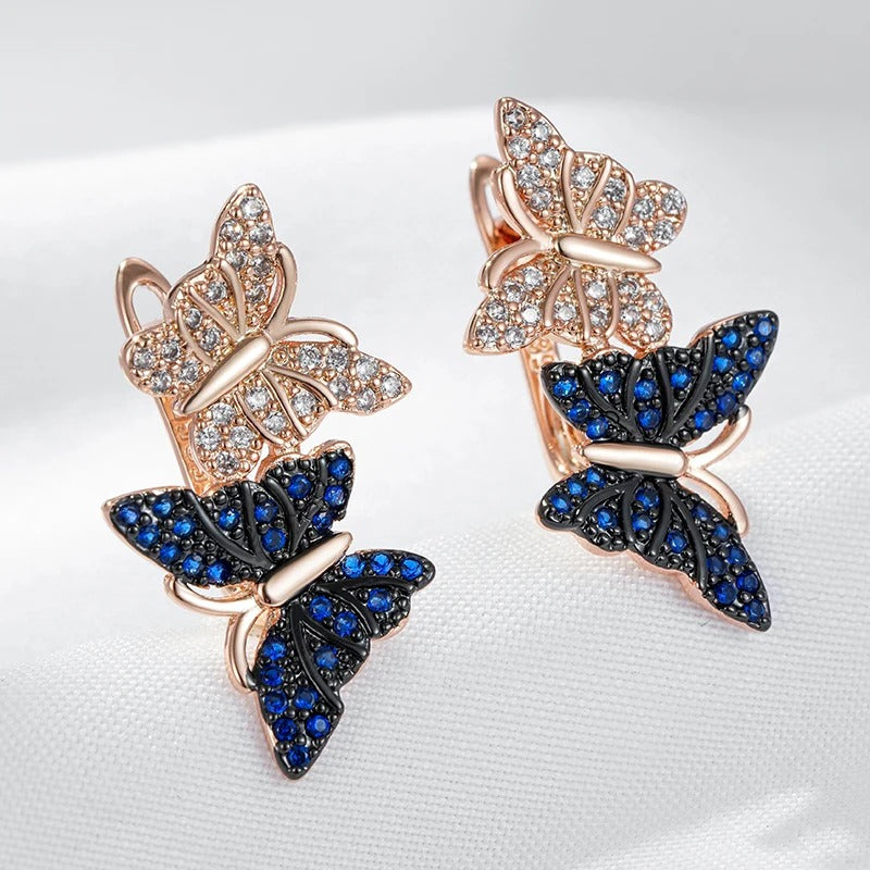 18K Rose Gold Plated Blue Natural Zircon Two Butterfly Drop Earrings