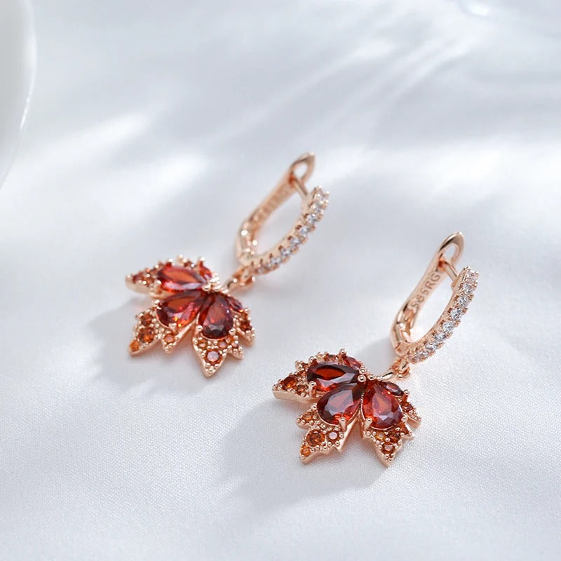 18K Rose Gold Plated Shiny Red Natural Zircon Maple Leaf Earrings