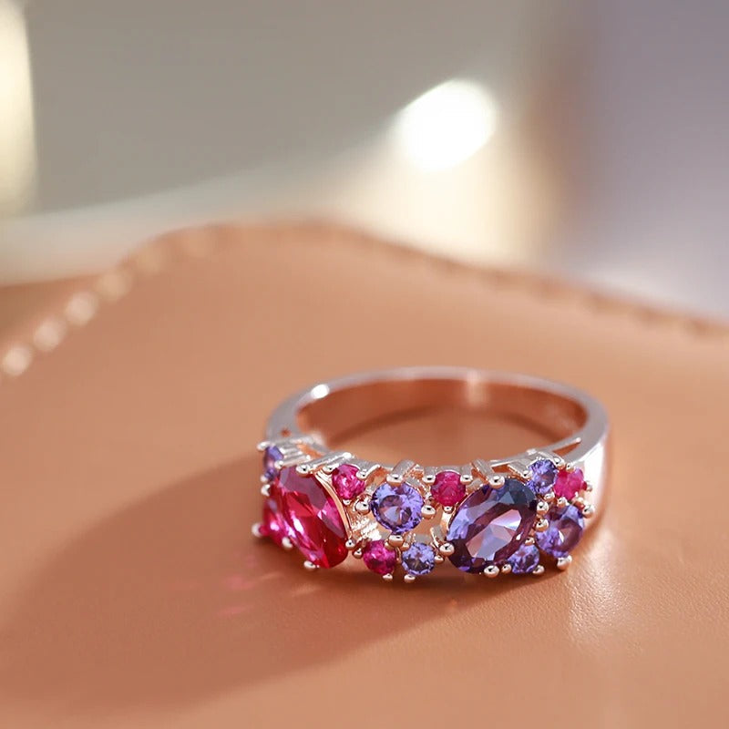 Luxury ruby zirconia and amethyst ring in 18K rose gold plating