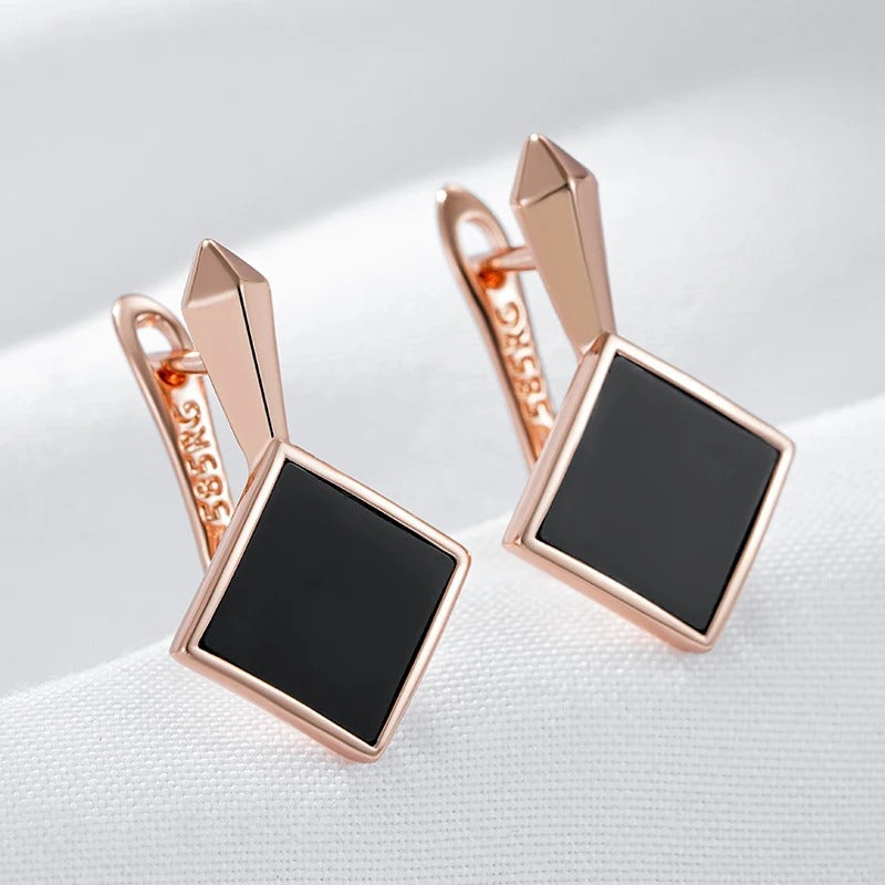 18K Rose Gold Plated Elegant Square Black Stone Dangle Earrings