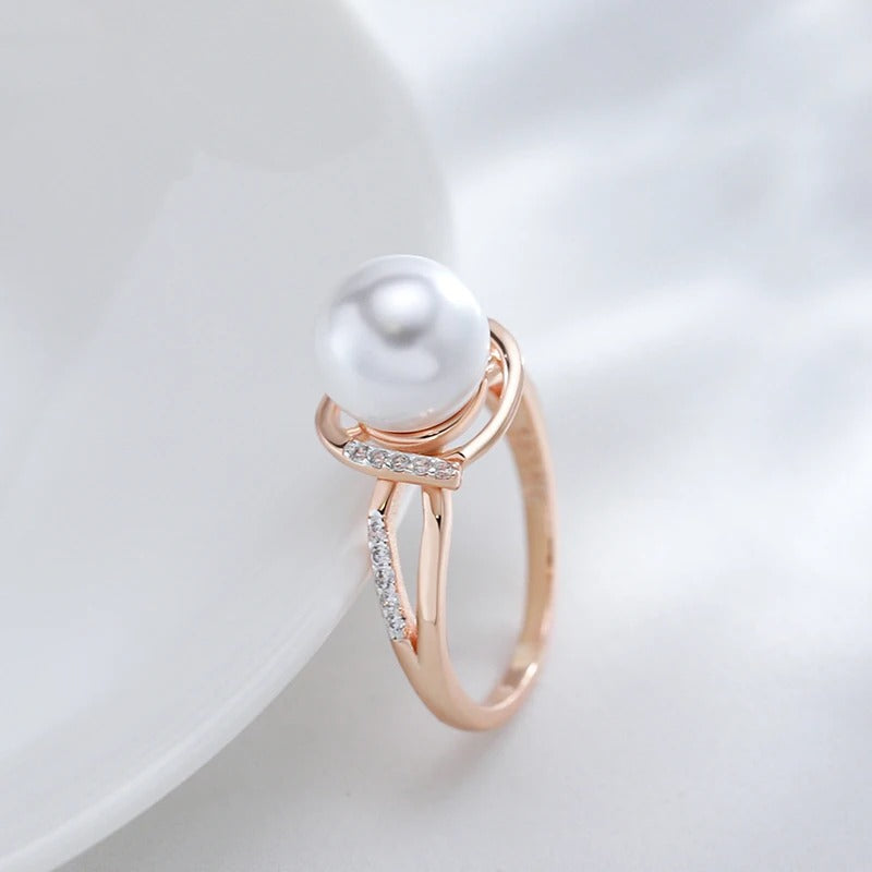 18K Rose Gold Plated Geometry Pearl with Zirconia Ring