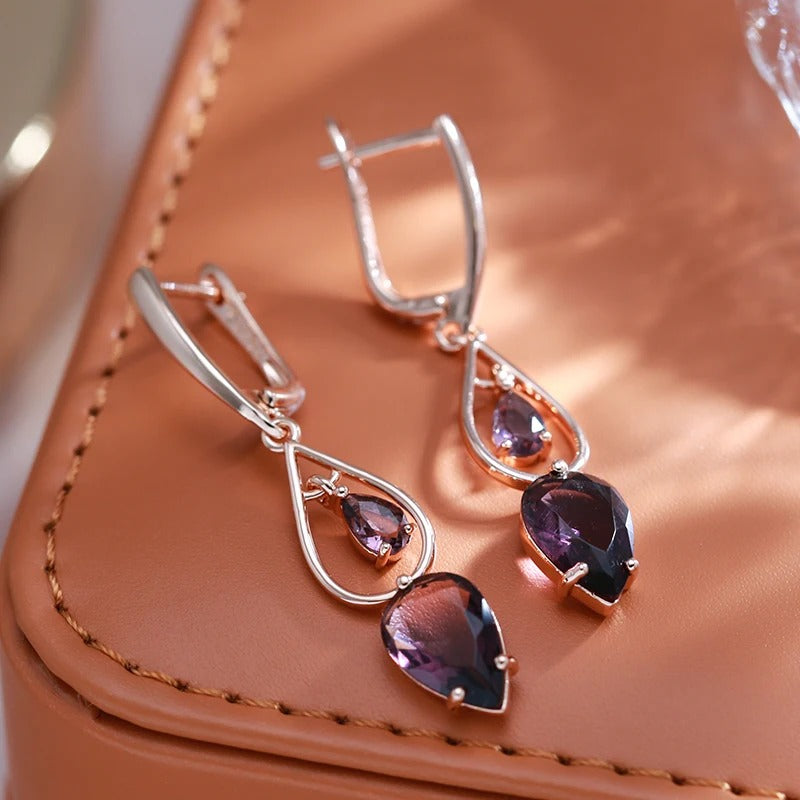 Amethyst double zirconia earrings in 18K rose gold plating