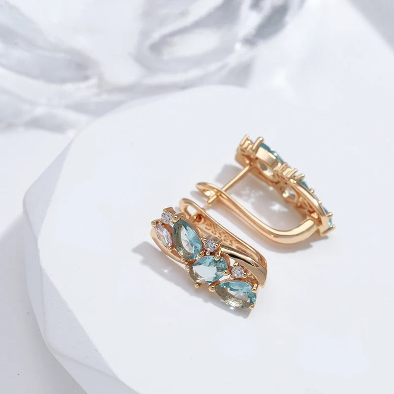 Long earrings plated 18k pink gold with aquamarine and white cubic zirconia - AC