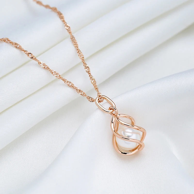 18K Rose Gold Plated Elegant Geometric Hollow Pearl heart pendant Necklace