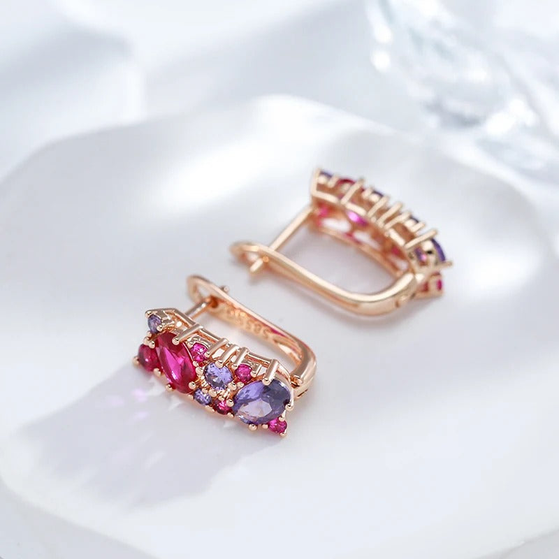 Vintage earrings with natural purple, red and pink cubic zirconia plated in 18K pink gold - AC