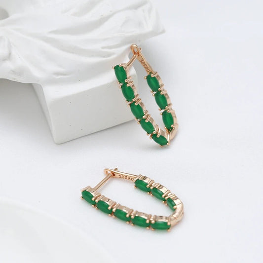 Emerald Oval Cut Zircon Long Drop Earrings in 18K Rose Gold Plating