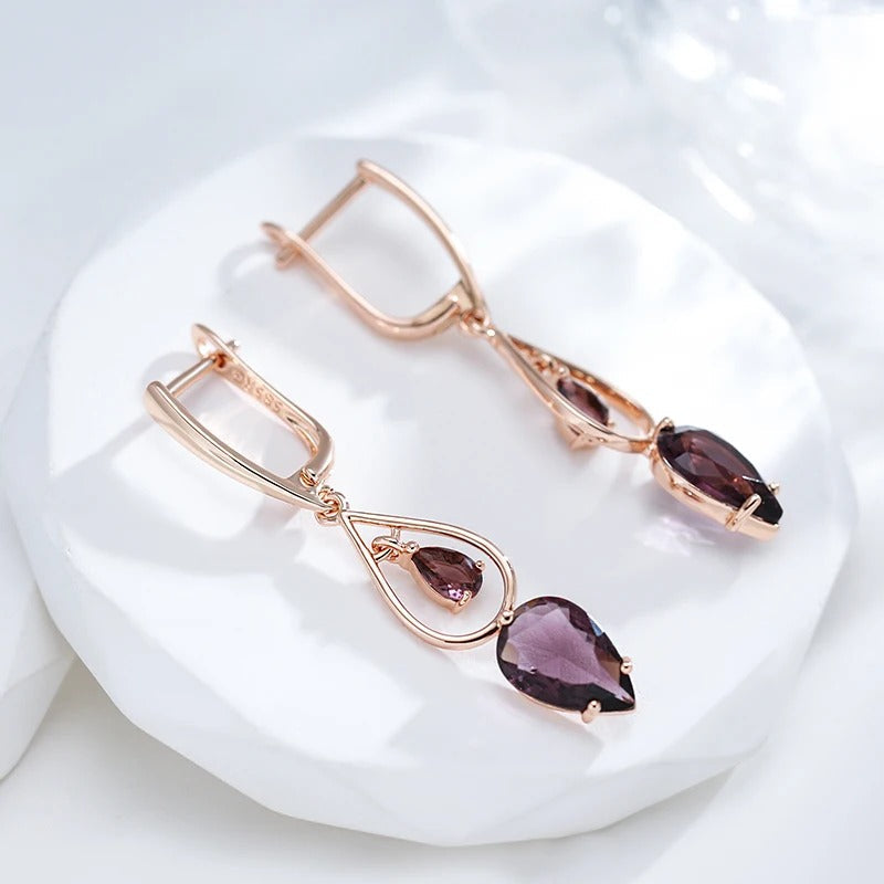 Double amethyst and cubic zirconia earrings plated in 18K pink gold - AC