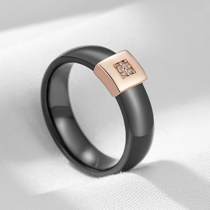 18K Rose Gold Plated Black Ceramics Ring with zirconia