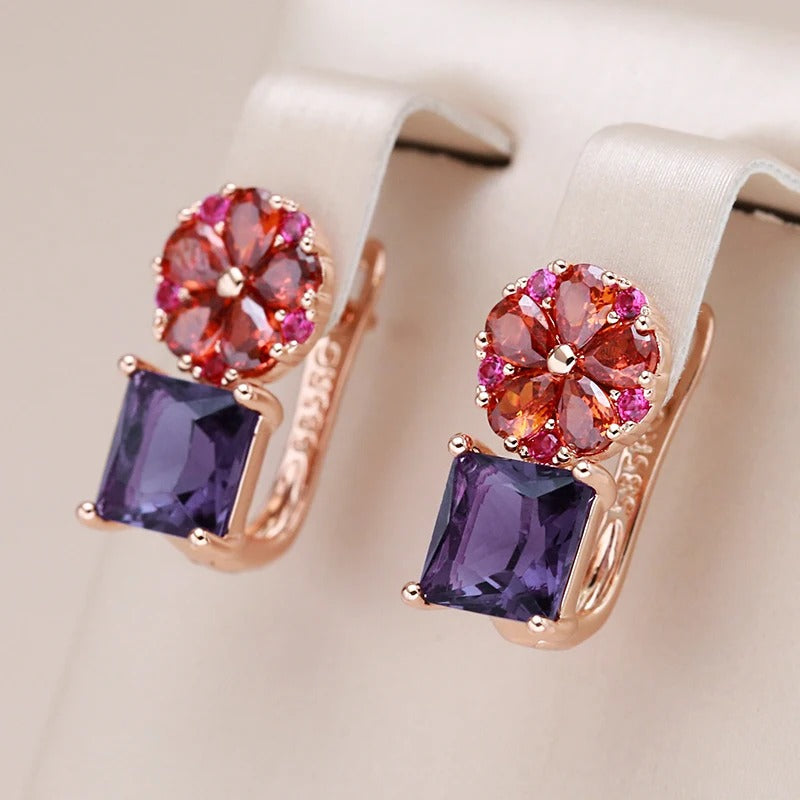 18K rose gold-plated rectangular earrings with amethyst and pink floral crystal - AC